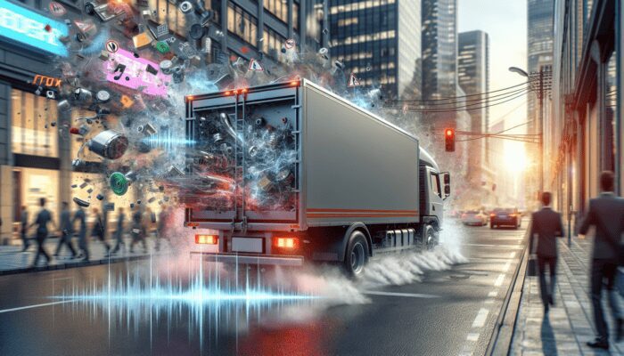 A delivery truck on a busy urban route, engine roaring and tires screeching, causing high noise levels.