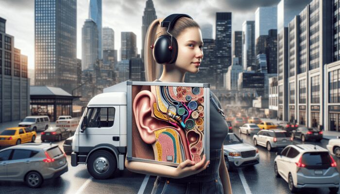 A delivery driver with noise-canceling headphones next to a truck, with an ear diagram showing hearing loss, in an urban setting.