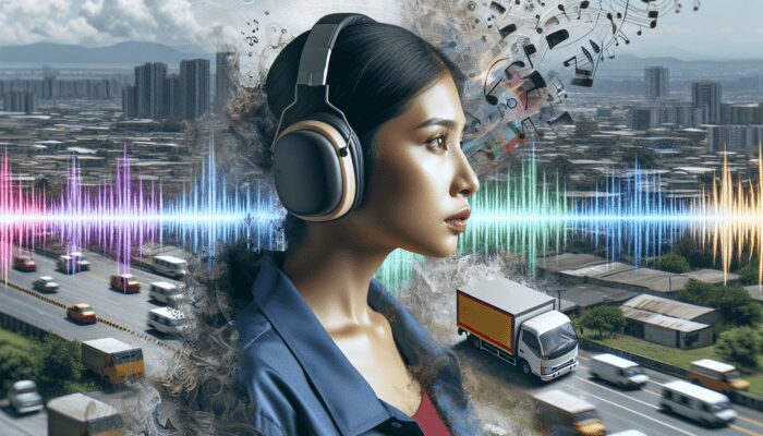 A delivery driver with noise-canceling headphones amidst sound waves and city noise, showing stress and fatigue.