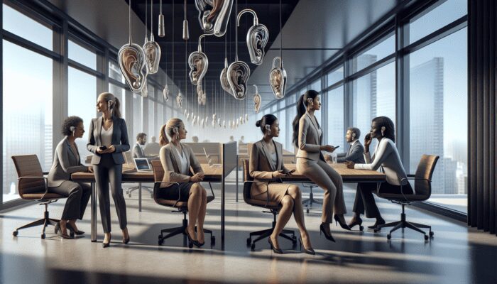 Employees using advanced hearing aids in an office, improving communication and productivity.