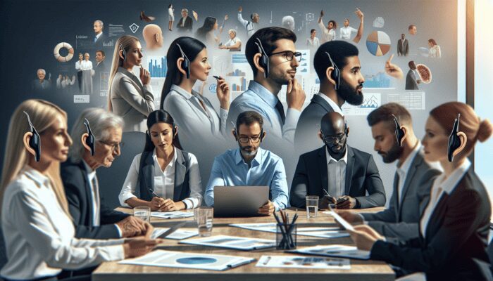Professional setting with employees using hearing aids, showing improved communication and job performance.