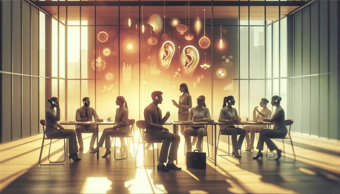 Employees with hearing aids in a serene office, engaging confidently, reducing stress and fostering inclusion.