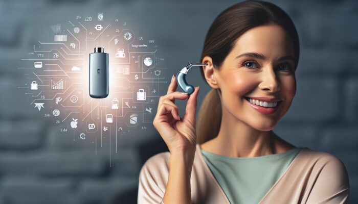 Person adjusting modern rechargeable hearing aid, graphs showing long-term savings and battery icon.