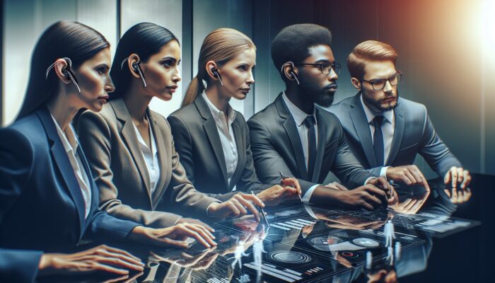 Modern office setting with professionals using hearing aids, enhancing communication and productivity around a conference table.