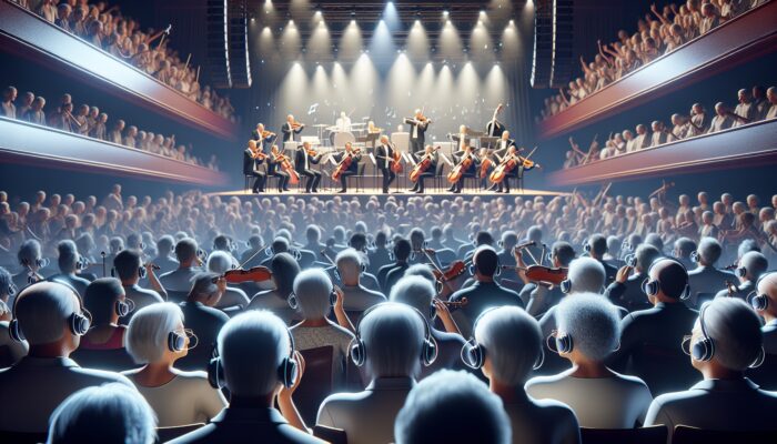 A vibrant concert hall with an orchestra; people using modern hearing aids enjoy clear sounds of violins and bass guitars.