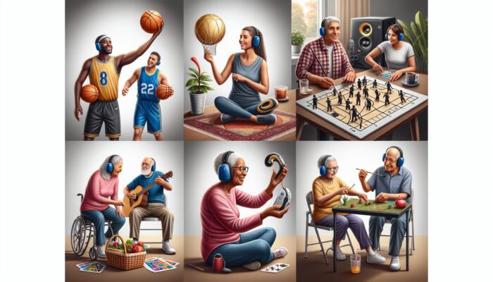 Diverse group with hearing aids enjoying sports and community events, showcasing camaraderie.