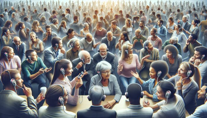 Individuals using hearing aids confidently engage in community events, enhancing social and mental well-being.