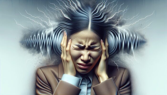 Person grimacing and clutching ears due to ear pressure from stormy weather changes.