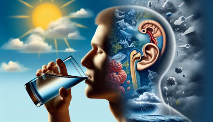 Person drinking water, Eustachian tube visible, shifting weather background, illustrating hydration's role in managing ear pressure.