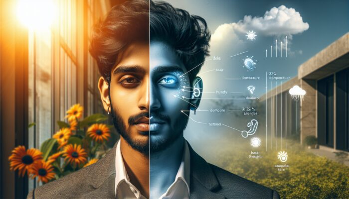 Person experiencing ear pressure discomfort from warm morning to cold afternoon transition.