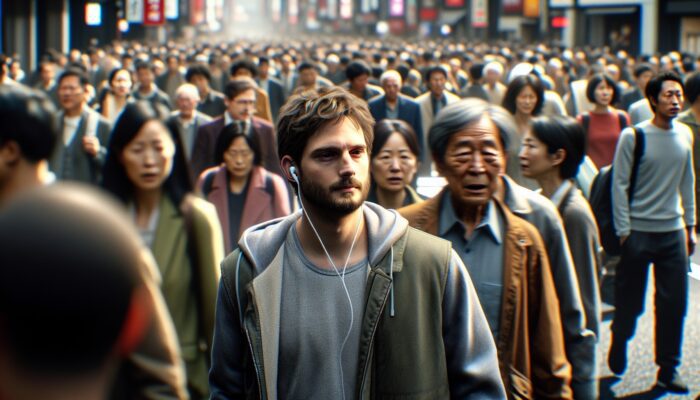 Person with hearing loss in crowded Tokyo street, struggling to communicate, feeling isolated yet determined.