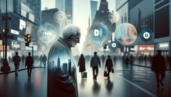 Elderly man isolated in city, symbolizing economic impact of untreated hearing loss.