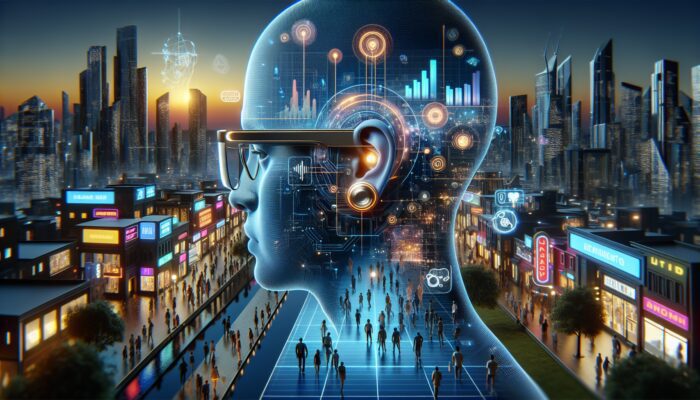 Futuristic wearable tech like smart glasses and earrings enhancing hearing in a vibrant urban setting.