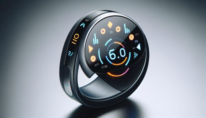 Sleek wearable hearing device displaying sound exposure levels and health alerts in urban setting.