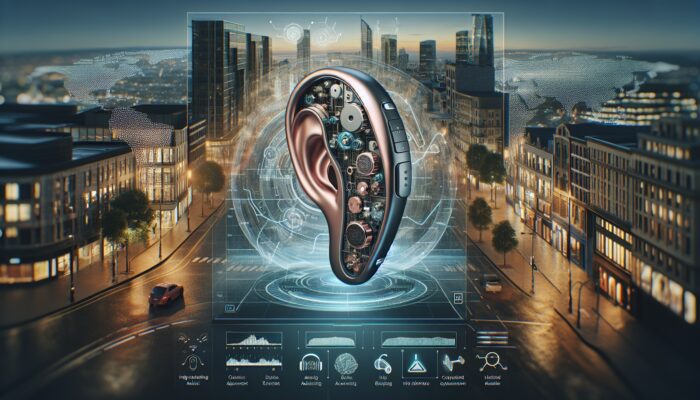 A futuristic hearing aid using machine learning to adapt to different sound environments in real-time.