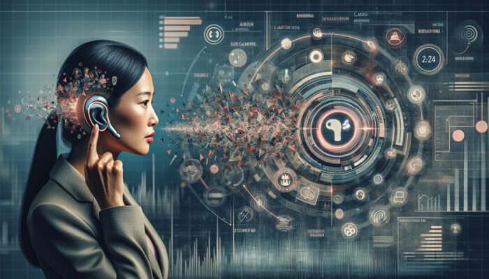 Advanced hearing aid using machine learning to reduce background noise, enhancing conversation clarity in noisy settings.