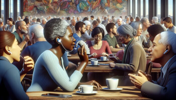 A hearing aid user in a café, device amplifies speaker's voice, reduces background noise.