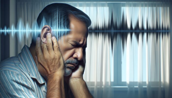 A distressed person in a quiet room with abstract sound waves representing tinnitus disrupting focus and sleep.