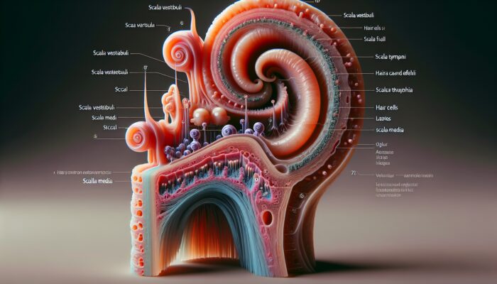 Cross-section of cochlea showing spiral structure, three chambers, and hair cells converting sound to electrical signals.