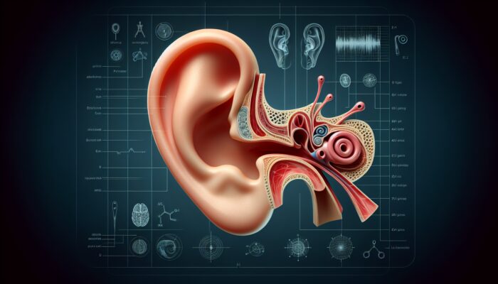 Detailed anatomical illustration of the outer ear, highlighting key structures like the pinna and ear canal.