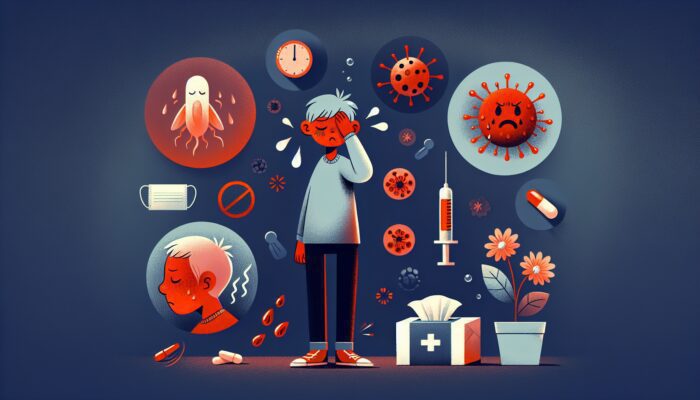 A medical illustration of common symptoms like fever, rash, headache, and related conditions like flu, allergies, migraines.