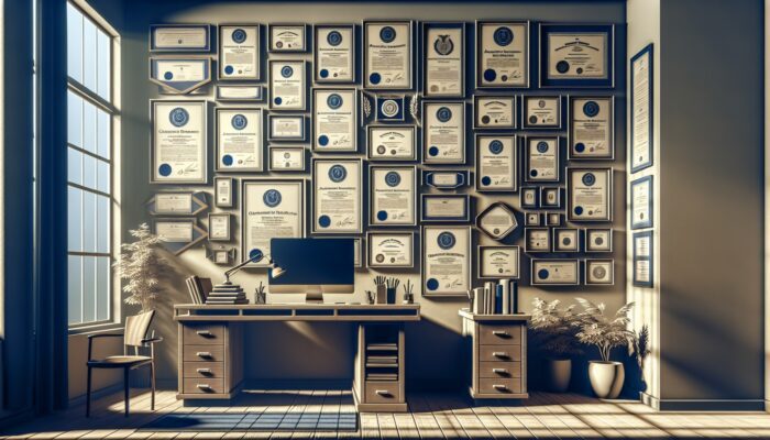 Certificates from ASHA and IHS displayed in an office, symbolizing credibility and ethics.