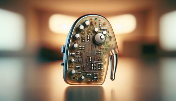 Close-up of analog hearing aid with visible circuitry, set against a quiet room background.
