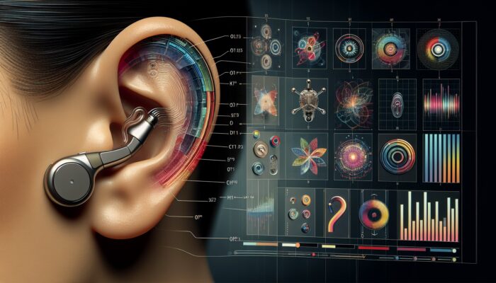 A close-up of an ear with a modern hearing aid, surrounded by colorful design options in a futuristic setting.