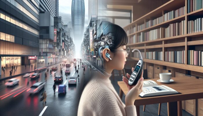 Person adjusting modern digital hearing aid, surrounded by city street and quiet library, symbolizing customization and control.