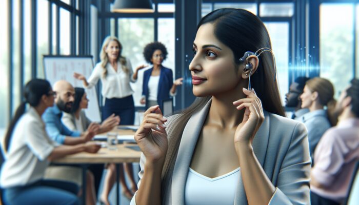 Person wearing hearing aids actively engaging in office meeting, understanding conversations amidst noise.