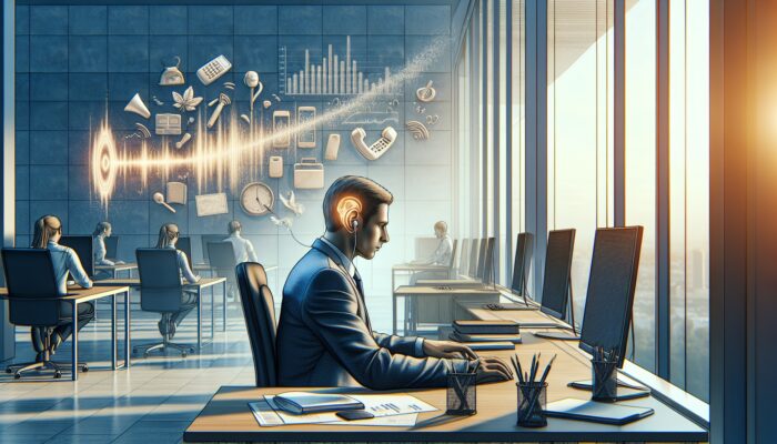 Employee using hearing aids in a serene office, focused amidst background noise, symbolizing enhanced concentration.