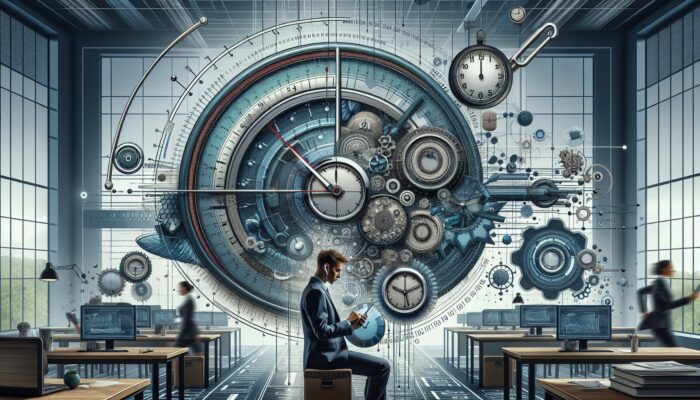 A professional using hearing aids, focused on detailed work in a high-pressure office with clocks, symbolizing timely task completion.
