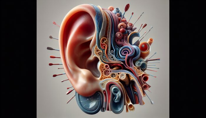 Illustration of head trauma effects on ear, showing damage to outer, middle, and inner ear structures.