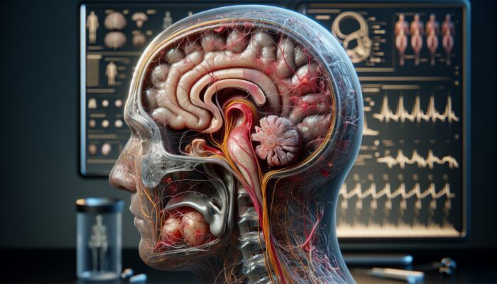 Cross-section of head showing inner ear damage and disrupted neural pathways due to trauma, illustrating hearing impairment mechanisms.