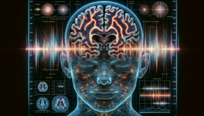 Detailed brain scan showing damaged auditory nerves, temporal lobe contusions, and tinnitus effects.