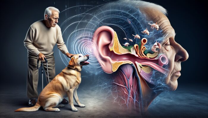Elderly pet owner struggling to hear dog's barks, with inner ear diagram showing age-related hearing loss effects.