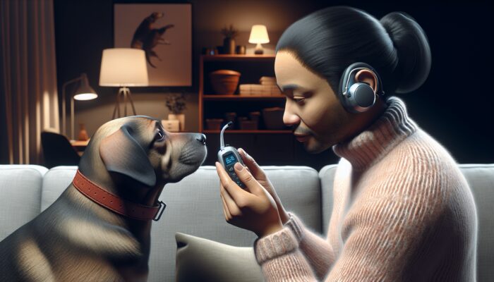 A pet owner using a hearing aid listens to their dog in a cozy living room, enhancing their bond.