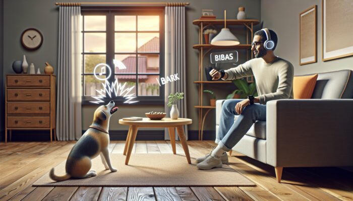 Hearing-impaired owner alerted by smartwatch and dog's vibrating collar as dog barks at window.