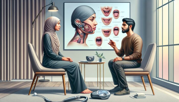 A speech therapist guiding a client in a serene room with articulation diagrams and a hearing aid on a table.