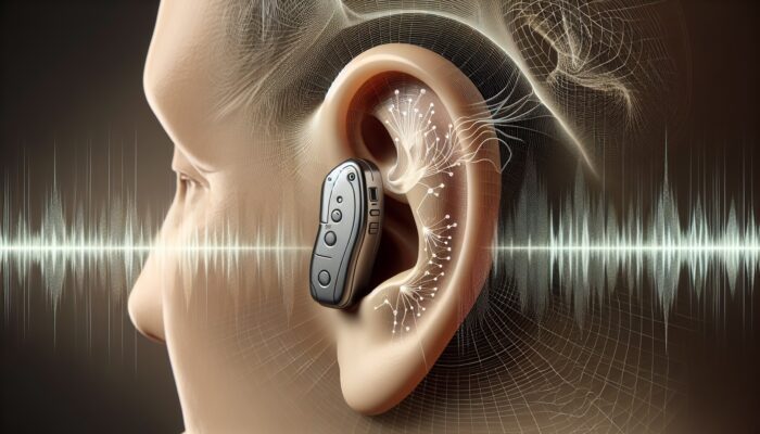 A close-up of a hearing aid capturing and amplifying sound waves for a person's ear.