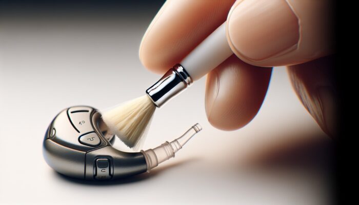 A soft brush cleaning earwax and debris from a modern hearing aid, ensuring clear sound.