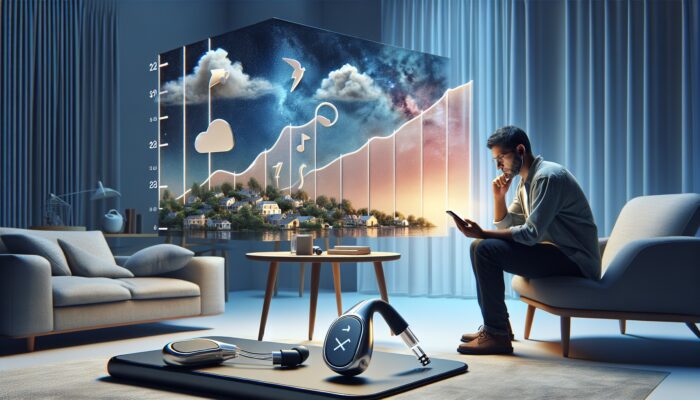 A person checks hearing aid battery health on a smartphone app, showing usage graph in a modern living room.