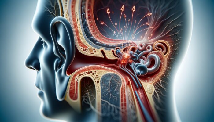 Detailed anatomical illustration of inner ear, showing fluid buildup causing vertigo, tinnitus, and hearing loss in Meniere's disease.