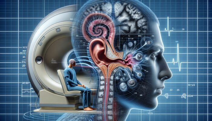 Illustration of vertigo symptoms, inner ear diagrams, and diagnostic tools including MRI and balance tests.