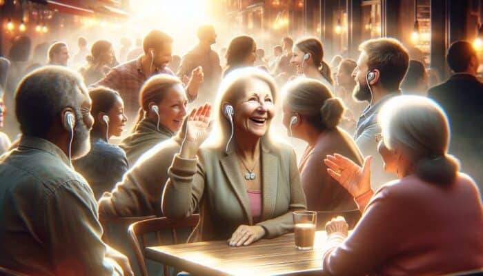 A bustling café scene with a person using hearing aids, smiling and engaged in lively conversations.
