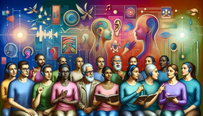 A diverse group using lip-reading, sign language, and hearing loss simulators to enhance communication in a supportive environment.
