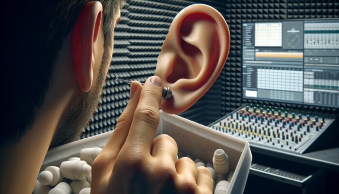 Custom-fitted earplugs being molded in a soundproof booth with industrial and musical equipment.