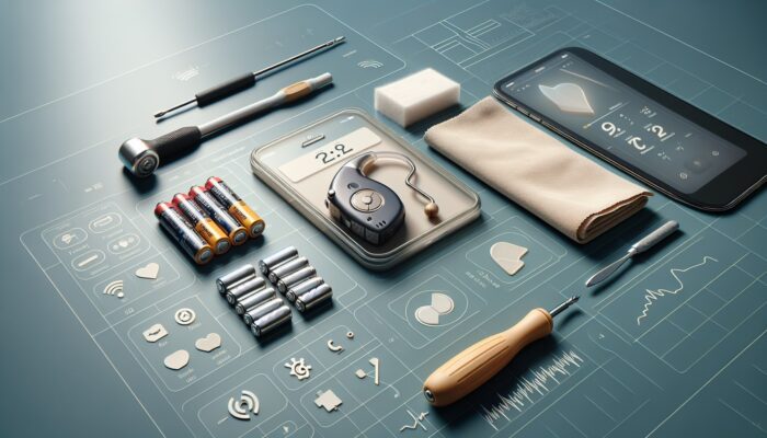 A small screwdriver, new hearing aid batteries, and a clean cloth on a table, with a hearing aid.