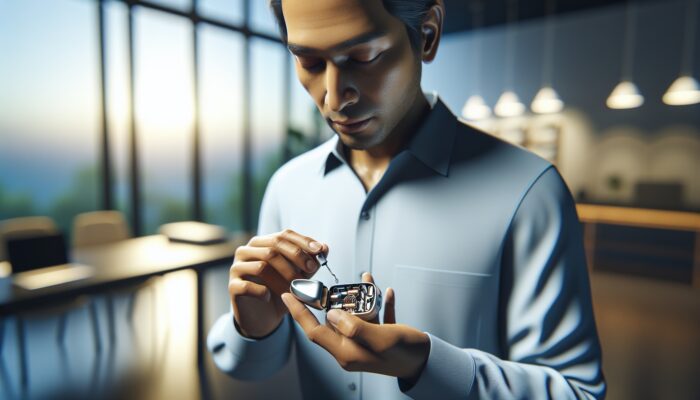 A person carefully opening a hearing aid's battery compartment in a well-lit, calm setting.