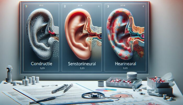 Diagram showing conductive, sensorineural, and mixed hearing loss with ear anatomy in a clinical setting.